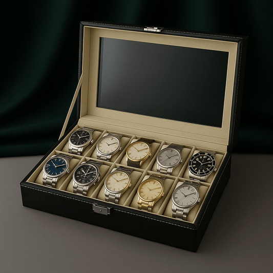12-Slot Leather Watch Box – Large Display Case with Glass Lid | CHRONVAULT™