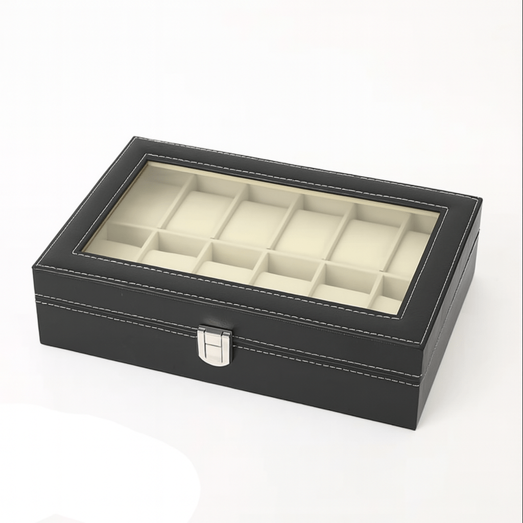 12-Slot Leather Watch Box – Large Display Case with Glass Lid | CHRONVAULT™