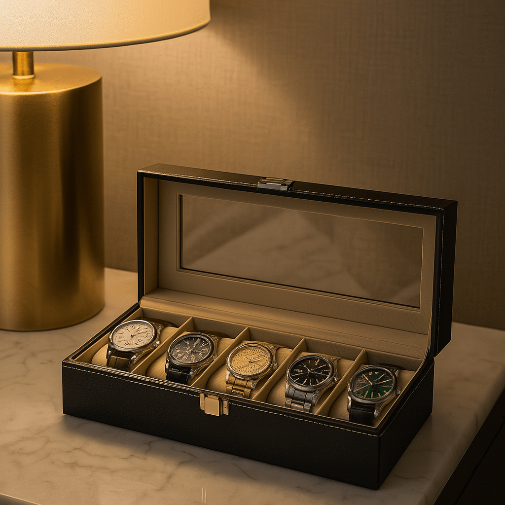 6-Slot Leather Watch Box – Compact Display Case with Glass Lid | CHRONVAULT™