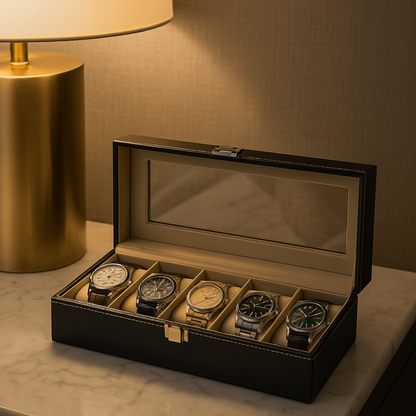 6-Slot Leather Watch Box – Compact Display Case with Glass Lid | CHRONVAULT™