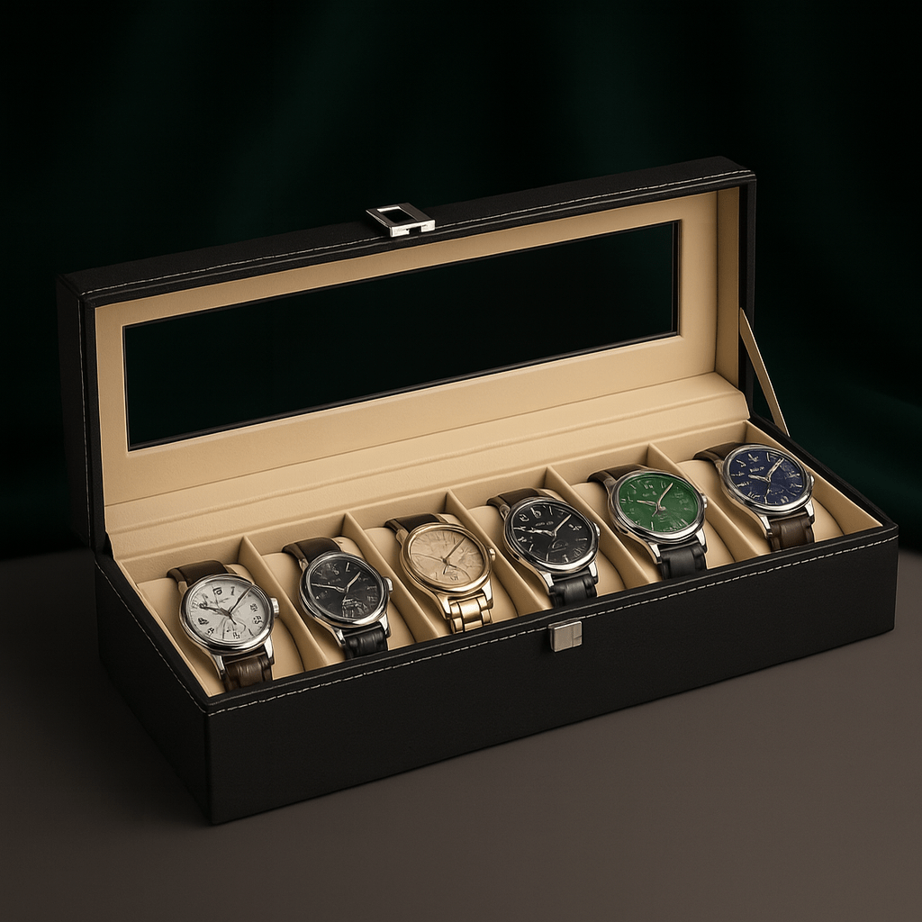 6-Slot Leather Watch Box – Compact Display Case with Glass Lid | CHRONVAULT™