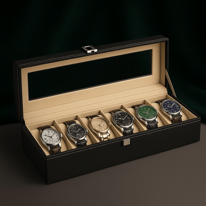 6-Slot Leather Watch Box – Compact Display Case with Glass Lid | CHRONVAULT™