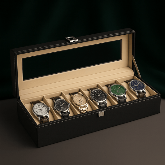 6-Slot Leather Watch Box – Compact Display Case with Glass Lid | CHRONVAULT™