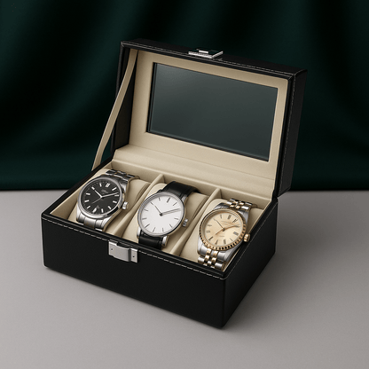 3-Slot Leather Watch Box – Compact Display Case with Glass Lid | CHRONVAULT™