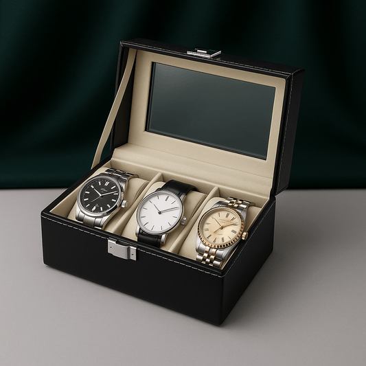 3-Slot Leather Watch Box – Compact Display Case with Glass Lid | CHRONVAULT™