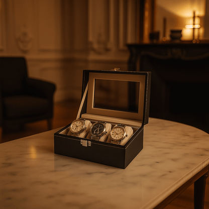 3-Slot Leather Watch Box – Compact Display Case with Glass Lid | CHRONVAULT™