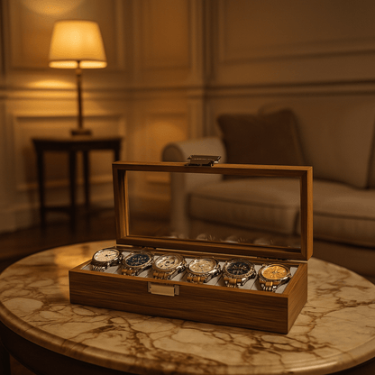 6-Slot Bamboo Watch Box – Wooden Display Case with Glass Lid | CHRONVAULT™