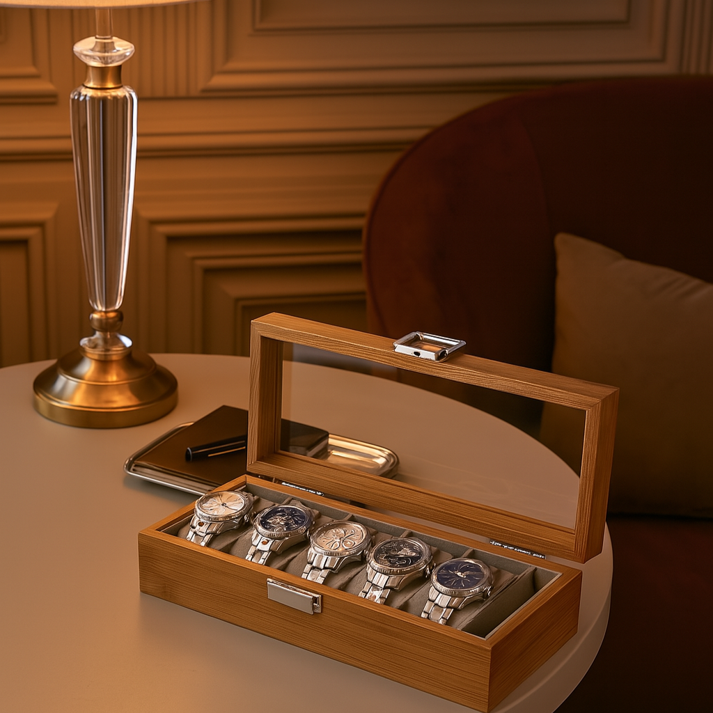6-Slot Bamboo Watch Box – Wooden Display Case with Glass Lid | CHRONVAULT™