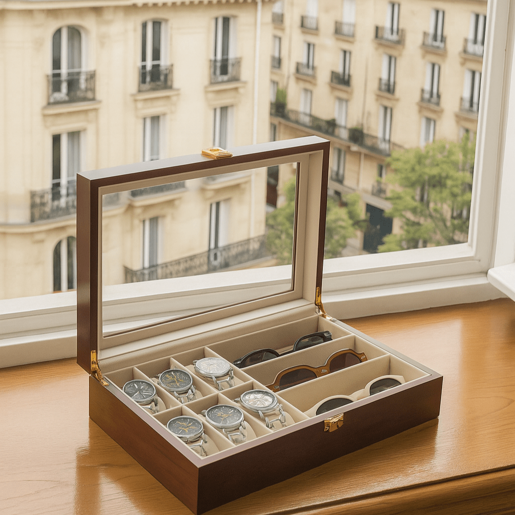 Watch Box with Glass Lid – 6 Watches & 3 Sunglasses Organizer | CHRONVAULT™