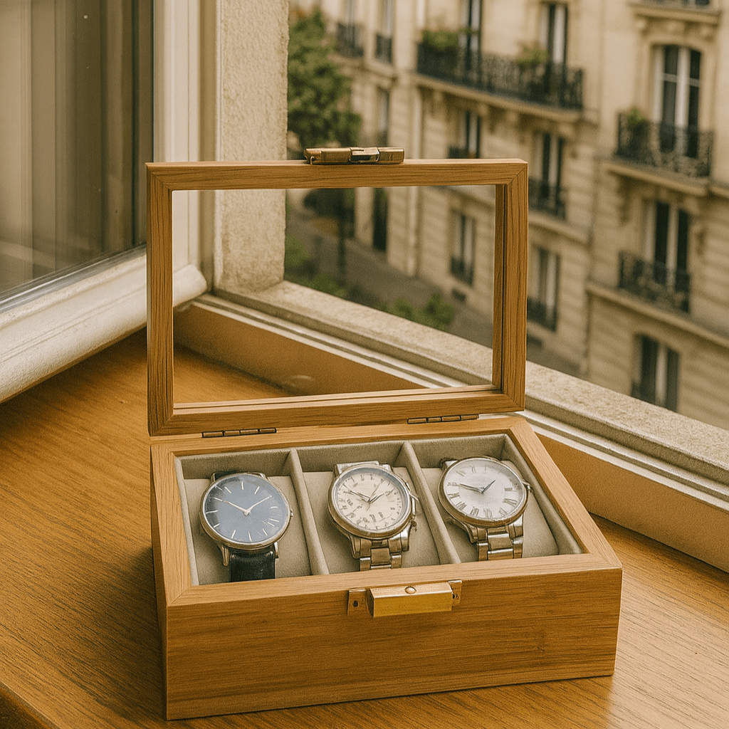 3-Slot Bamboo Watch Box – Wooden Display Case with Glass Lid | CHRONVAULT™
