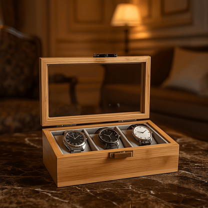 3-Slot Bamboo Watch Box – Wooden Display Case with Glass Lid | CHRONVAULT™