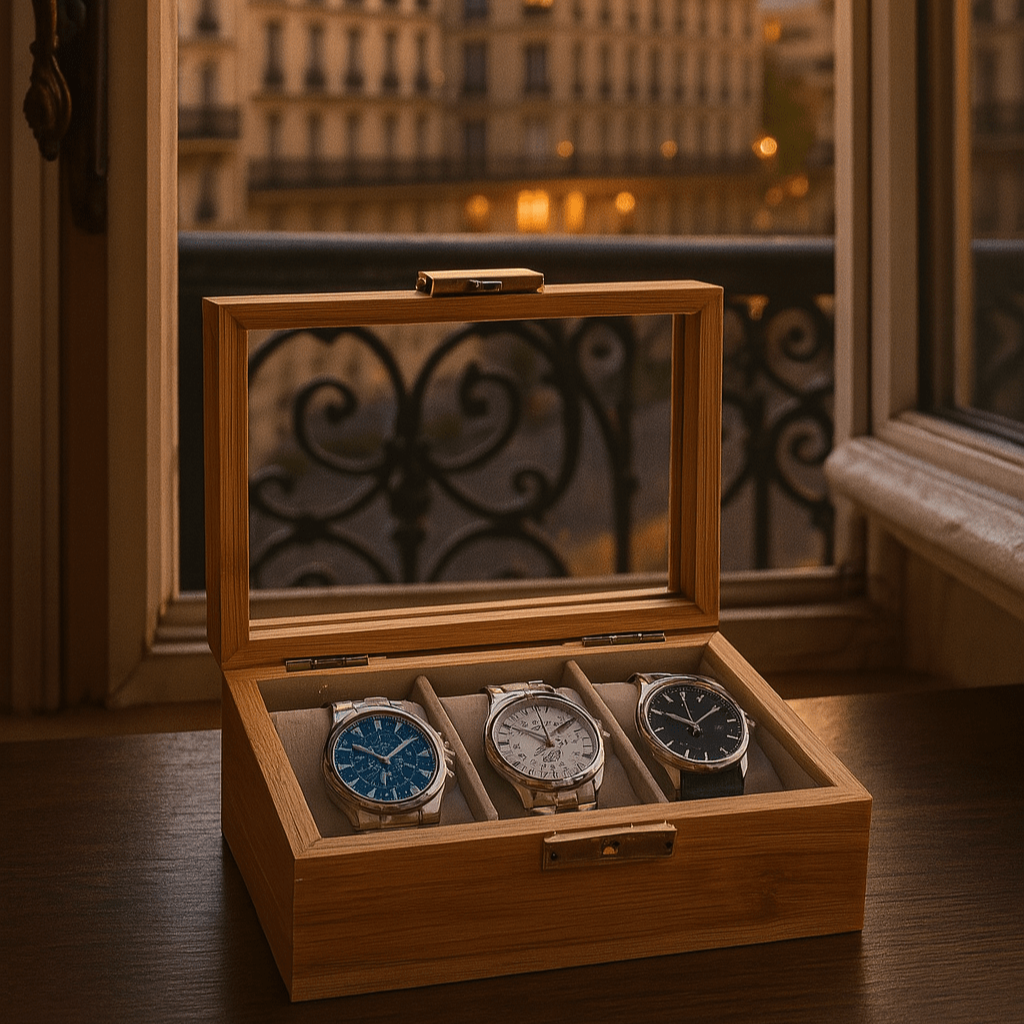 3-Slot Bamboo Watch Box – Wooden Display Case with Glass Lid | CHRONVAULT™