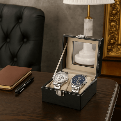 2-Slot Leather Watch Box – Compact Display Case with Glass Lid | CHRONVAULT™