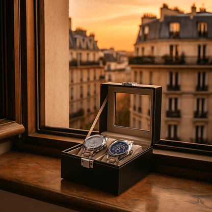 2-Slot Leather Watch Box – Compact Display Case with Glass Lid | CHRONVAULT™