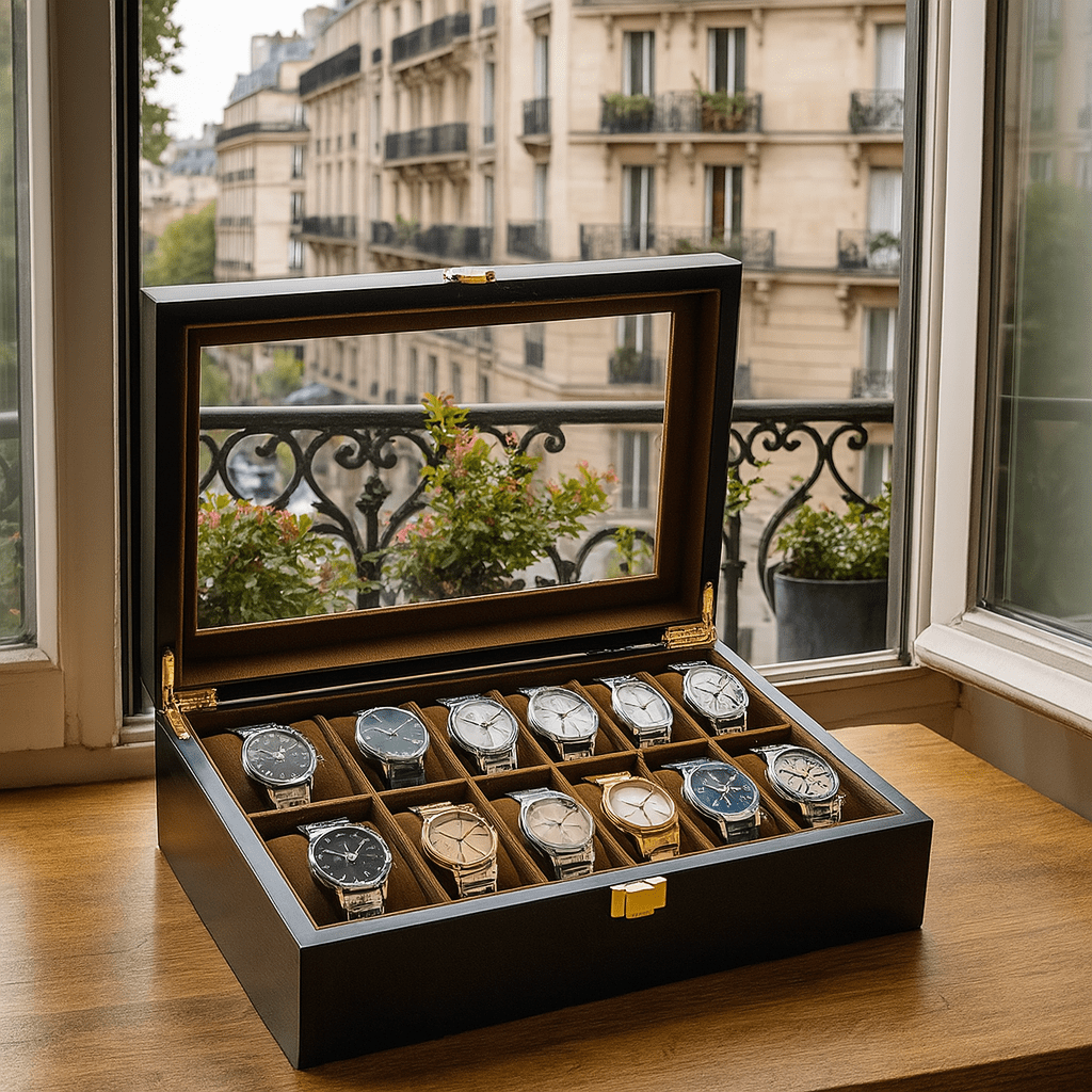 12-Slot Wooden Watch Box with Glass Display Lid | CHRONVAULT™