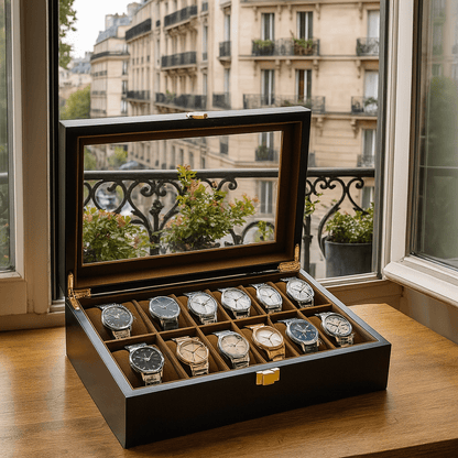 12-Slot Wooden Watch Box with Glass Display Lid | CHRONVAULT™