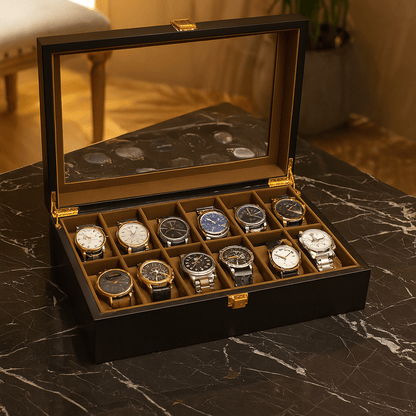 12-Slot Wooden Watch Box with Glass Display Lid | CHRONVAULT™