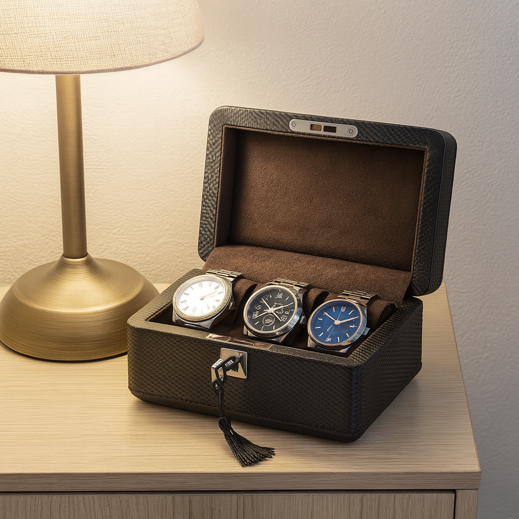3-Slot Carbon Leather Watch Box – Lockable Organizer for Men | CHRONVAULT™