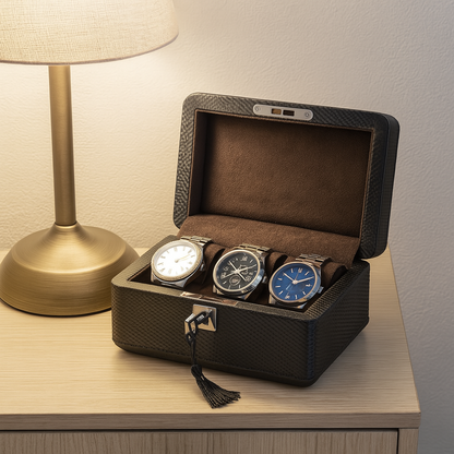 3-Slot Carbon Leather Watch Box – Lockable Organizer for Men | CHRONVAULT™