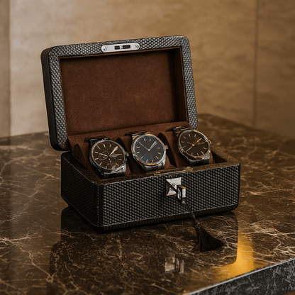 3-Slot Carbon Leather Watch Box – Lockable Organizer for Men | CHRONVAULT™