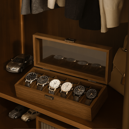 6-Slot Walnut-Finish Wooden Watch Box with Brass Lock | CHRONVAULT™
