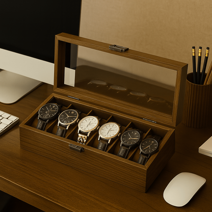 6-Slot Walnut-Finish Wooden Watch Box with Brass Lock | CHRONVAULT™