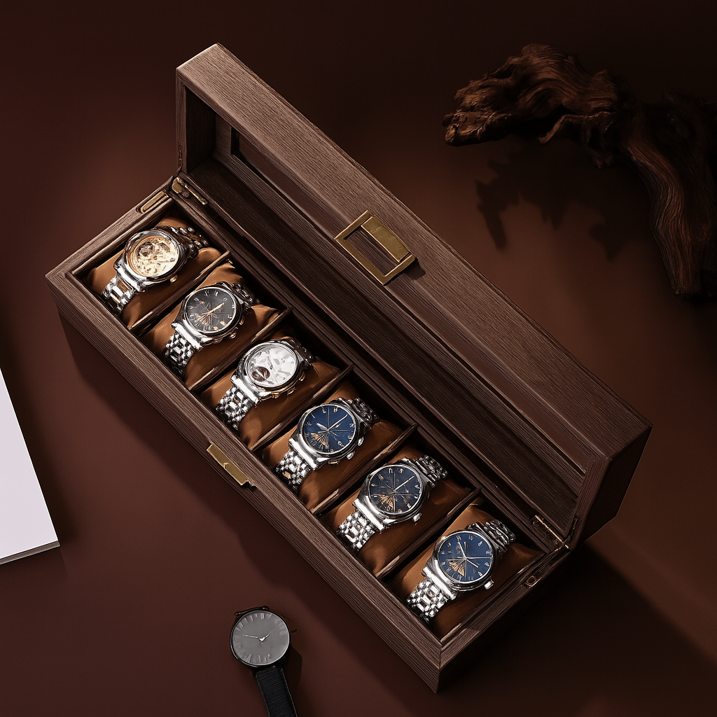 6-Slot Walnut-Finish Wooden Watch Box with Brass Lock | CHRONVAULT™