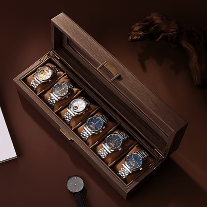 6-Slot Walnut-Finish Wooden Watch Box with Brass Lock | CHRONVAULT™