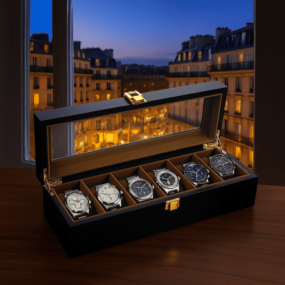 6-Slot Wooden Watch Box with Glass Display Lid | CHRONVAULT™