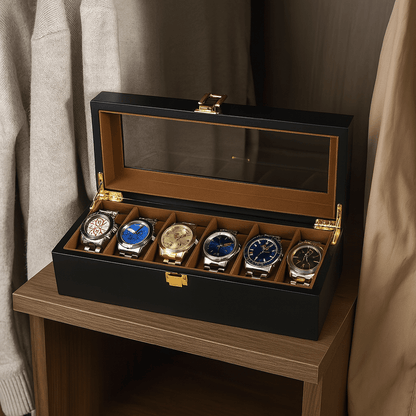 6-Slot Wooden Watch Box with Glass Display Lid | CHRONVAULT™