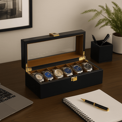 6-Slot Wooden Watch Box with Glass Display Lid | CHRONVAULT™