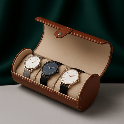 3-Slot Travel Watch Box in Saddle-Tone Leather | CHRONVAULT™