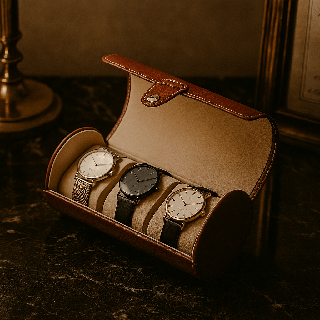 3-Slot Travel Watch Box in Saddle-Tone Leather | CHRONVAULT™