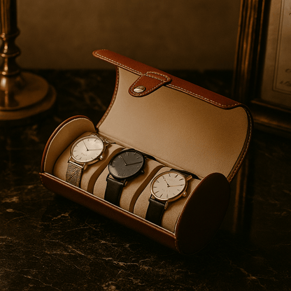 3-Slot Travel Watch Box in Saddle-Tone Leather | CHRONVAULT™
