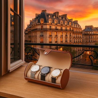 3-Slot Travel Watch Box in Saddle-Tone Leather | CHRONVAULT™