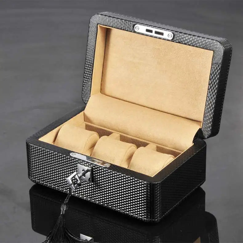 3-Slot Carbon Leather Watch Box – Lockable Organizer for Men | CHRONVAULT™