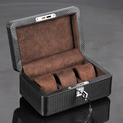 3-Slot Carbon Leather Watch Box – Lockable Organizer for Men | CHRONVAULT™