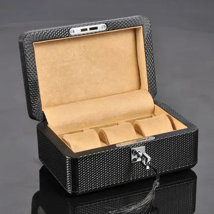 3-Slot Carbon Leather Watch Box – Lockable Organizer for Men | CHRONVAULT™