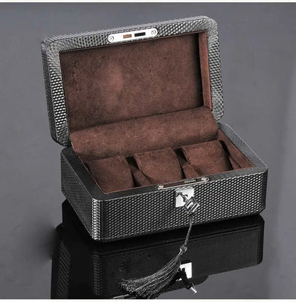 3-Slot Carbon Leather Watch Box – Lockable Organizer for Men | CHRONVAULT™