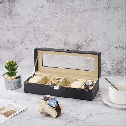 6-Slot Leather Watch Box – Compact Display Case with Glass Lid | CHRONVAULT™