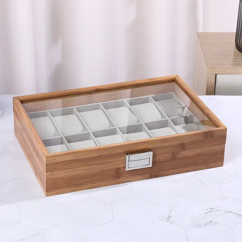 12-Slot Bamboo Watch Box – Wooden Display Case with Glass Lid | CHRONVAULT™