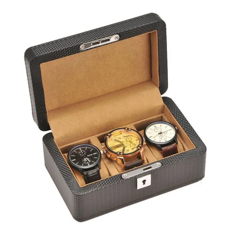 3-Slot Carbon Leather Watch Box – Lockable Organizer for Men | CHRONVAULT™