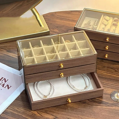 Wooden Jewellery Box – 3-Layer -  Glass Lid| Chronvault™