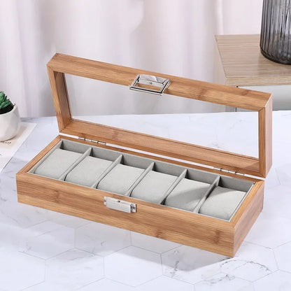 6-Slot Bamboo Watch Box – Wooden Display Case with Glass Lid | CHRONVAULT™