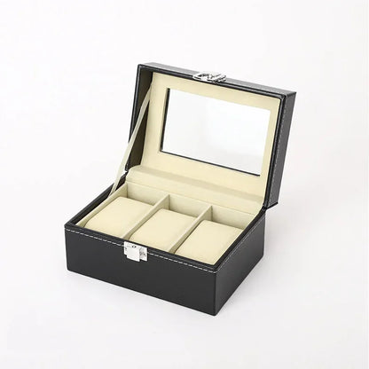 3-Slot Leather Watch Box – Compact Display Case with Glass Lid | CHRONVAULT™
