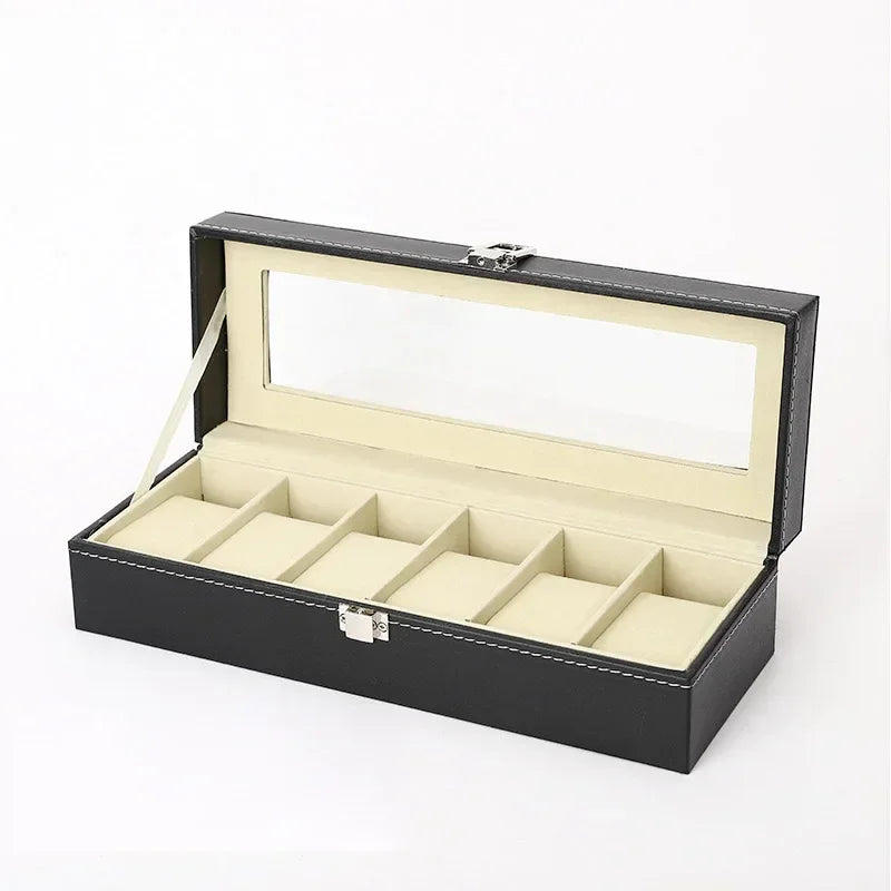 6-Slot Leather Watch Box – Compact Display Case with Glass Lid | CHRONVAULT™