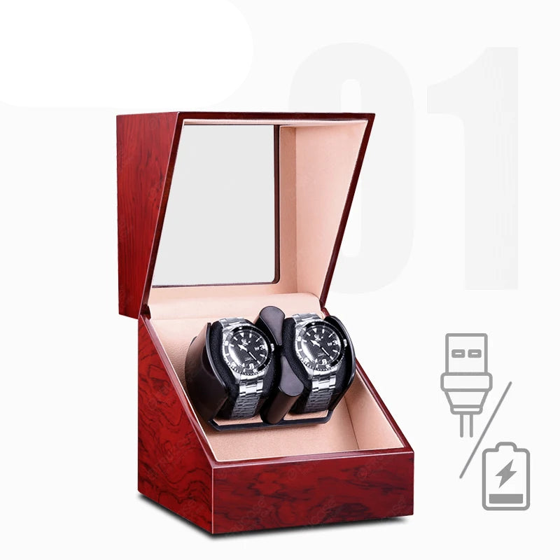 Wooden Dual Watch Winder – Piano Finish Display Box with Silent Motor | CHRONVAULT™