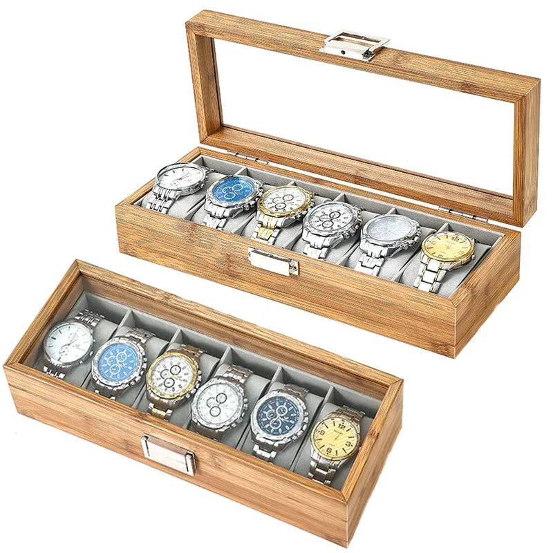 6-Slot Bamboo Watch Box – Wooden Display Case with Glass Lid | CHRONVAULT™