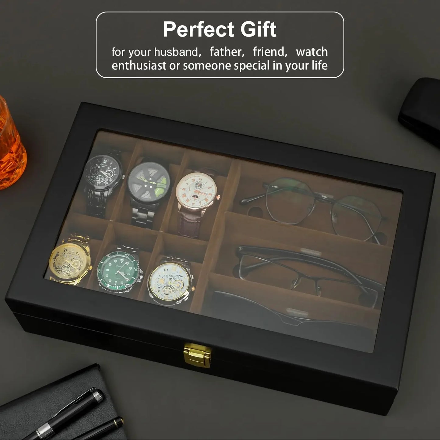 Watch Box with Glass Lid – 6 Watches & 3 Sunglasses Organizer | CHRONVAULT™