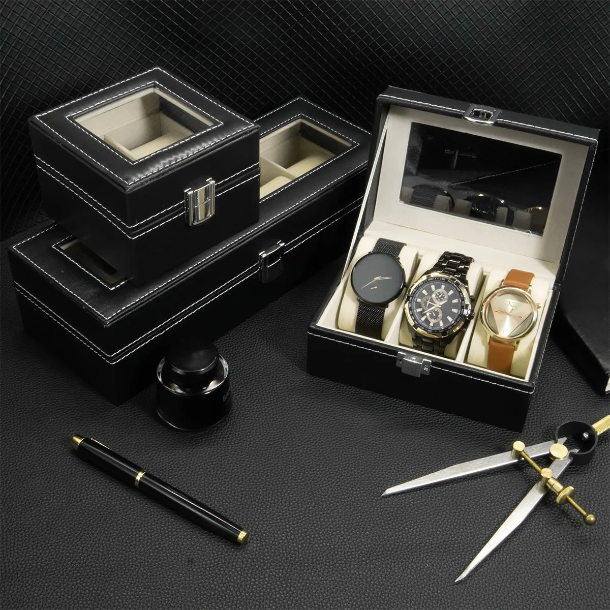 3-Slot Leather Watch Box – Compact Display Case with Glass Lid | CHRONVAULT™